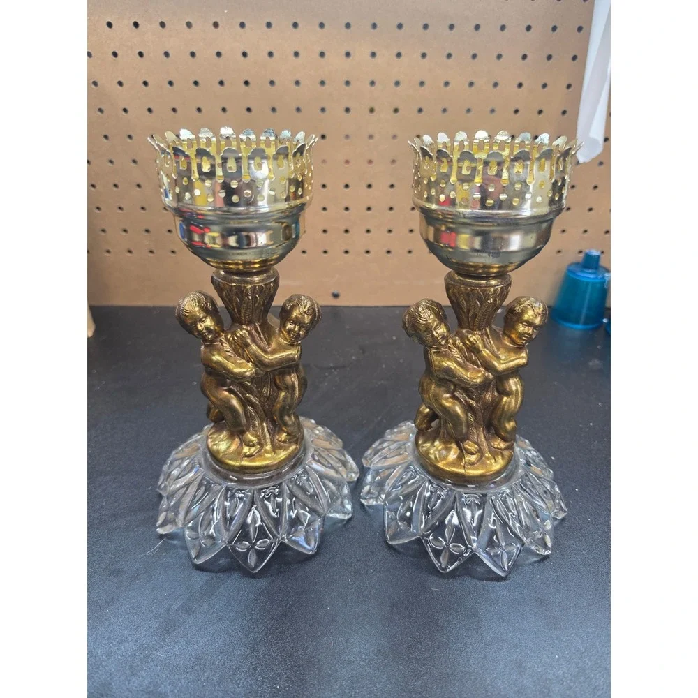 Vintage Gold Cherub Candle Holders Pair Glass Base Putti Angel Decor Set of 2